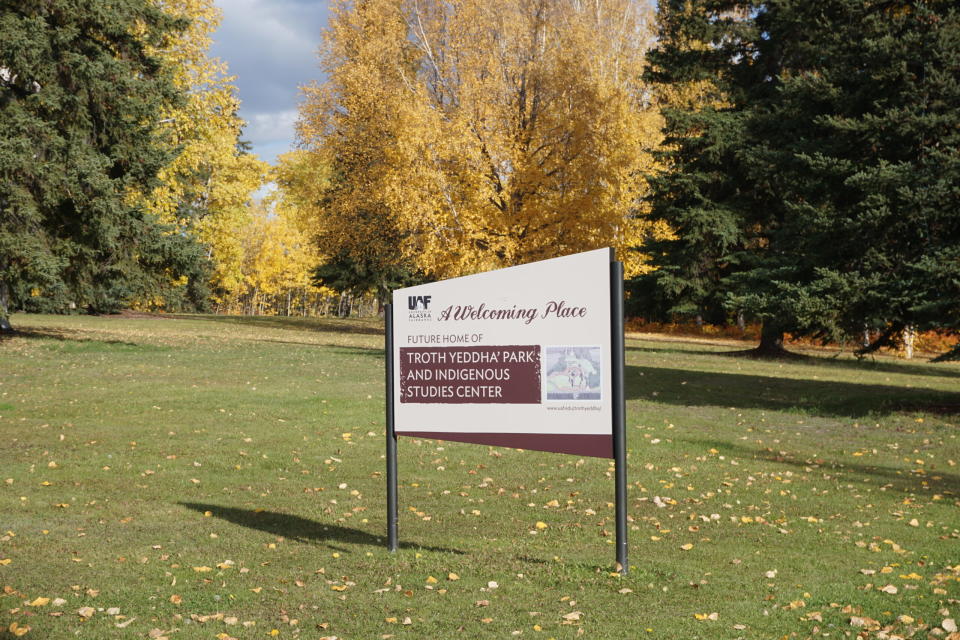 The University of Alaska Fairbanks site chosen for the planned Trhoth Yeddha' Park and Indigenous Studies Center is seen on Sept. 18, 2022. (Photo by Yereth Rosen/Alaska Beacon)