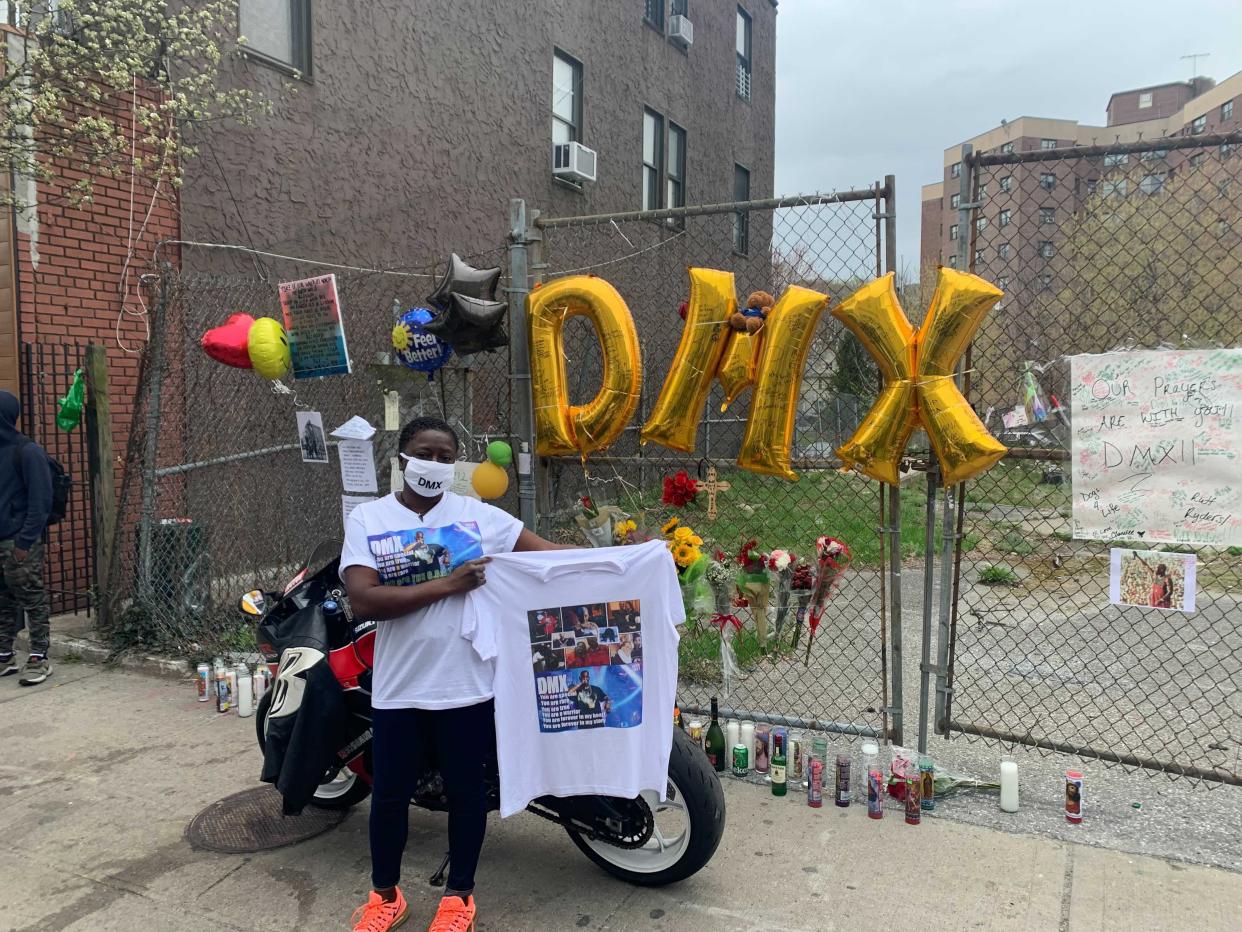 DMX fan Yvonne Taylor is pictured by a memorial outside White Plains Hospital is pictured Friday, April 9. 