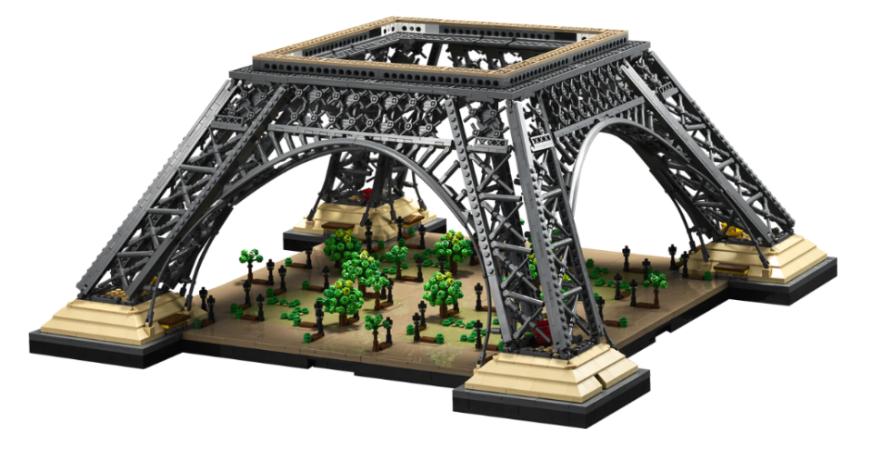 The base of the LEGO Eiffel Tower with greenery