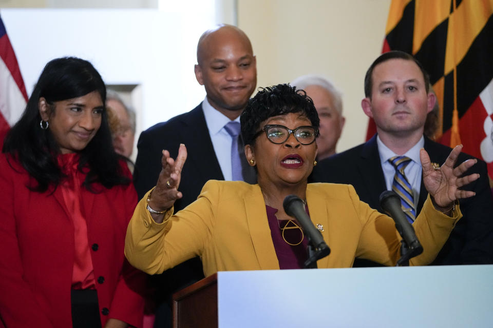 Maryland House Speaker Adrienne Jones, front, speaks during a news conference in front of Lt. Gov. Aruna Miller, left, Gov. Wes Moore, second from left, and Senate President Bill Ferguson, D-Baltimore, right, Thursday, Feb. 9, 2023, in Annapolis, Md. State lawmakers announced support for measures protecting abortion rights, including a state constitutional amendment that would enshrine it. (AP Photo/Julio Cortez)