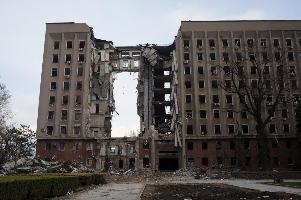 MYKOLAIV, UKRAINE - APRIL 21: A view of a Mykolaiv Regional Council building which was destroyed as a result of a shellfire on April 21, 2022 in Mykolaiv area Ukraine. Mykolaiv, a port city near where the Southern Bug river flows into the Black Sea, has been a target of Russian attacks throughout its current invasion of Ukraine. Ukrainian forces here repelled an initial advance from Russian-held territory nearby, but the city has experienced frequent shelling and air strikes even as Russia shifts the focus of its war to the eastern Donbas region. (Photo by Anastasia Vlasova/Getty Images)