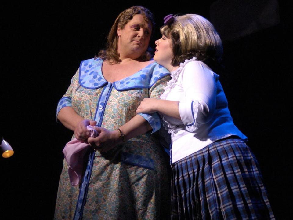 Michael Ball (left) as Edna Turnblad with Leanne Jones (Tracy) in ‘Hairspray’, 2007 (Getty Images)