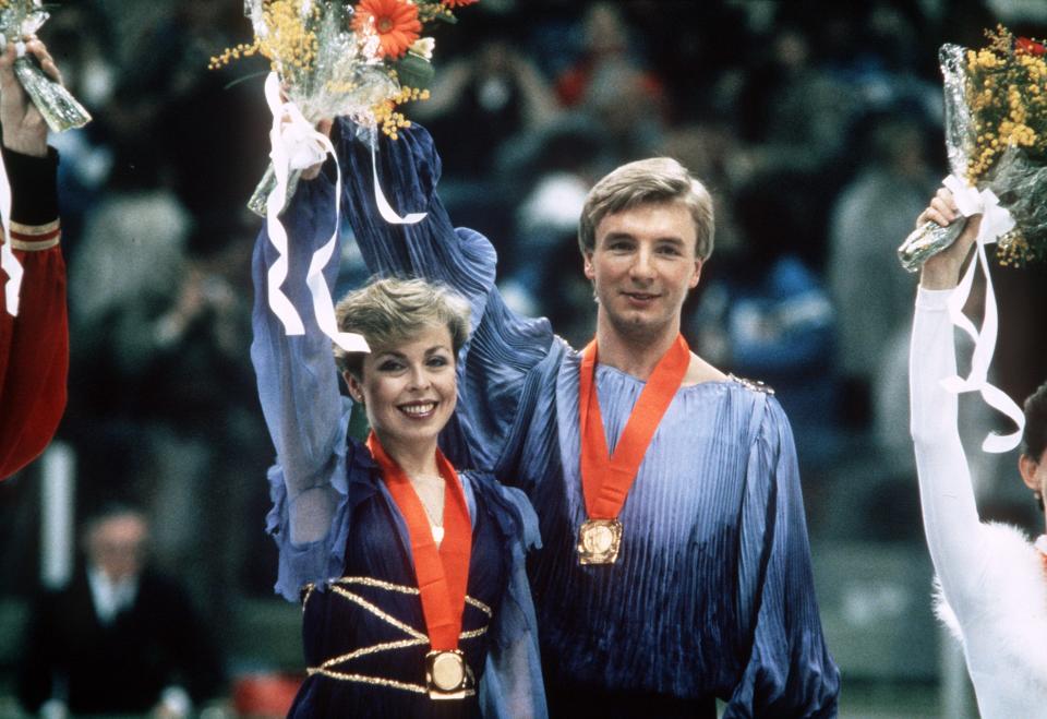Jayne Torvill and Christopher Dean - Feb 1984 win The Gold Medal for Great Britain in the Olympic Ice Dance Championships in Sarajevo. (Photo by Staff/Mirrorpix/Getty Images)