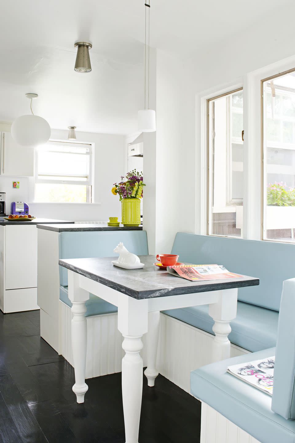 breakfast nook ideas, light blue bench with square table