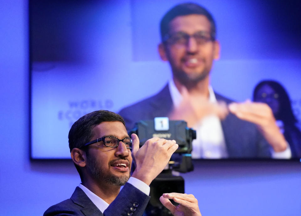 Sundar Pichai, Chief Executive Officer of Alphabet, gestures as he speaks during a session of the 50th World Economic Forum (WEF) annual meeting in Davos, Switzerland, January 22, 2020. REUTERS/Denis Balibouse