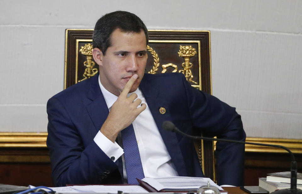 Venezuelan Opposition leader and self-proclaimed interim president of Venezuela Juan Guaido sits during a weekly session at the National Assembly in Caracas, Venezuela, Tuesday, Sept 10, 2019. (AP Photo/Ariana Cubillos