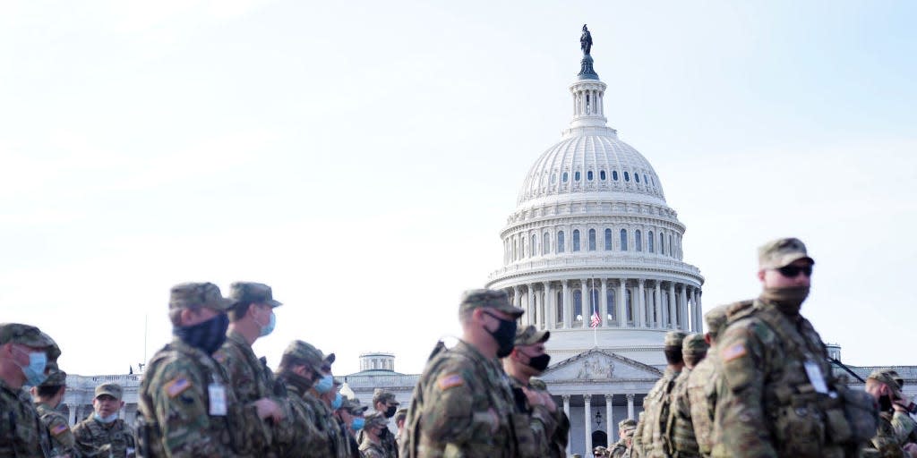 National Guard troops assemble outside of the U.S. Capitol on January 16, 2021 in Washington, DC