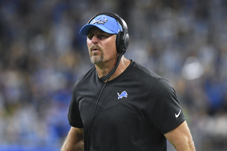Detroit Lions head coach Dan Campbell watches against the Philadelphia Eagles in the first half of an NFL football game in Detroit, Sunday, Sept. 11, 2022. (AP Photo/Lon Horwedel)