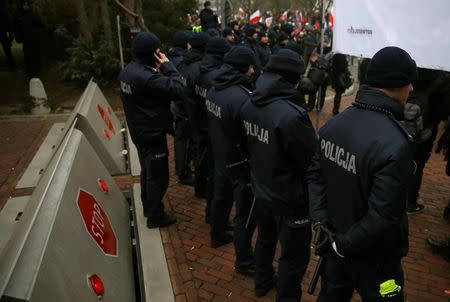 Policemen block access to the Parliament building during a protest in Warsaw, Poland, December 17, 2016. REUTERS/Kacper Pempel