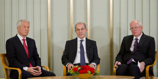 The Organisation for the Prohibition of Chemical Weapons, OPCW's Director General Ahmet Uzumcu (C),  Nobel Institute director Geir Lundestad (R) and Chairman of the Norwegian Nobel Committee Thorbjoern Jagland (L), address a press conference in Oslo, Norway on December 9, 2013. The OPCW will receive the 2013 Nobel Peace Prize in Oslo on December 10, 2013.  AFP PHOTO / DANIEL SANNUM LAUTEN        (Photo credit should read DANIEL SANNUM LAUTEN/AFP/Getty Images) (Photo: )