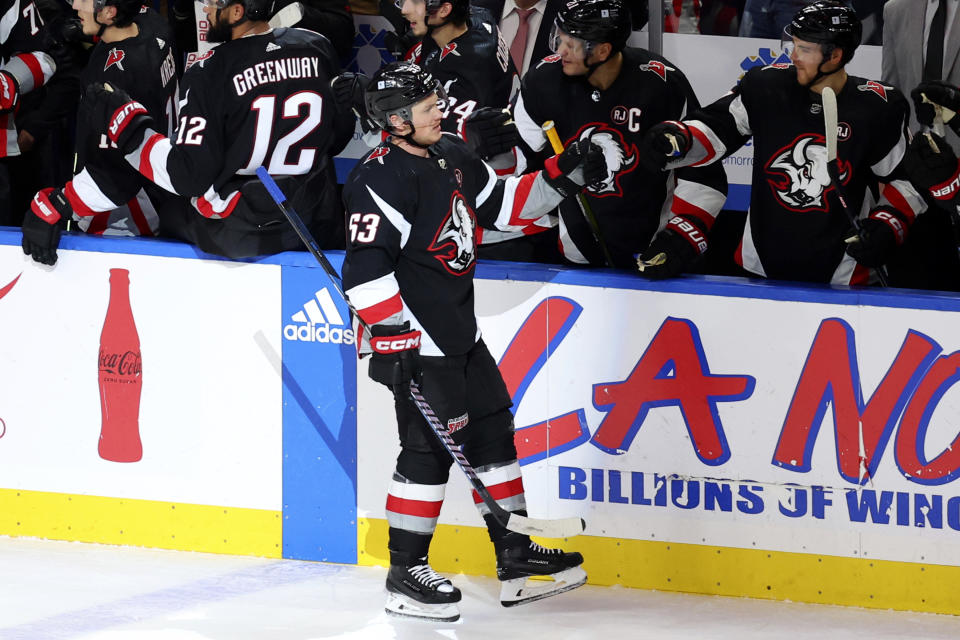 Buffalo Sabres left wing Jeff Skinner (53) celebrates his goal during the second period of an NHL hockey game against the New York Islanders Saturday, Oct. 21, 2023, in Buffalo, N.Y. (AP Photo/Jeffrey T. Barnes)