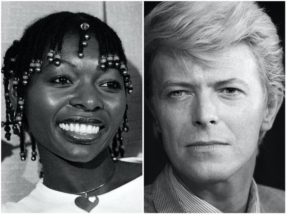 Floella Benjamin in 1977, and David Bowie in 1983 (Getty Images)