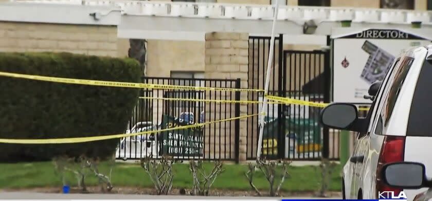 complex pool in Newhall on Saturday. The victims are a teenage boy and an adult man, according to Los Angeles County Sheriff's Department. Their identities have not been released. Deputies responded to The Village apartment complex located on the 23700 block of Silverado Street around 10:51 a.m. Two male victims were found dead at the scene, said LASD. One victim was found sitting on a lounge chair while the other victim was lying on the ground near the pool.