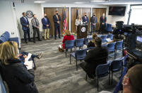 Lancaster County District Attorney Heather Adams briefs the media on the Linda Stoltzfoos case during a news conference at the Lancaster County courthouse, Thursday, April 22, 2021, in Lancaster, Pa. Stoltzfoos was last seen walking home from church in the Bird-in-Hand area on June 21, 2020. Her remains were found in a grave along railroad tracks behind a business where the man charged in her death had worked. (Dan Gleiter/PennLive/The Patriot-News via AP)