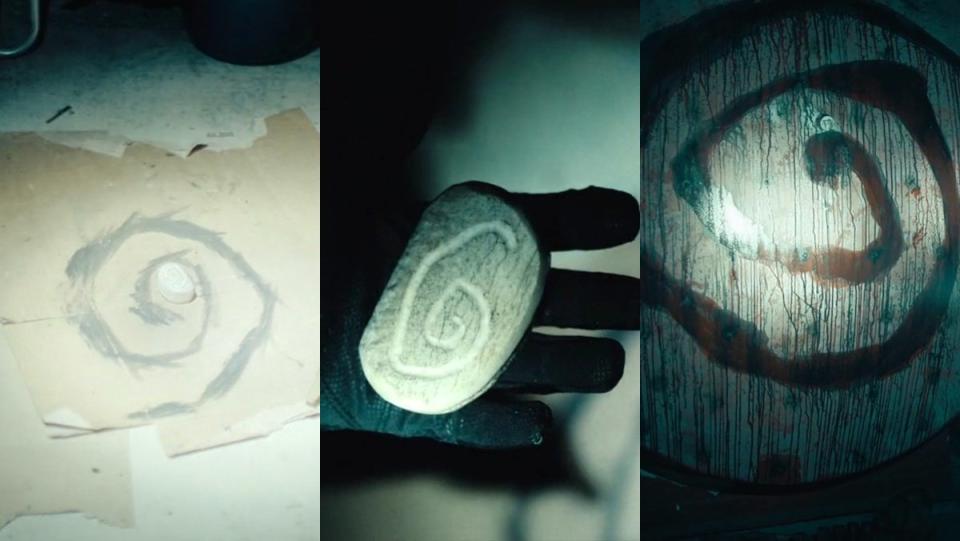 Three different examples of the strange spiral seen on True Detective: Night Country