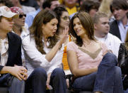 <p>Cindy Crawford and actress Lauren Graham (left) attend the 2004 NBA playoffs. </p>