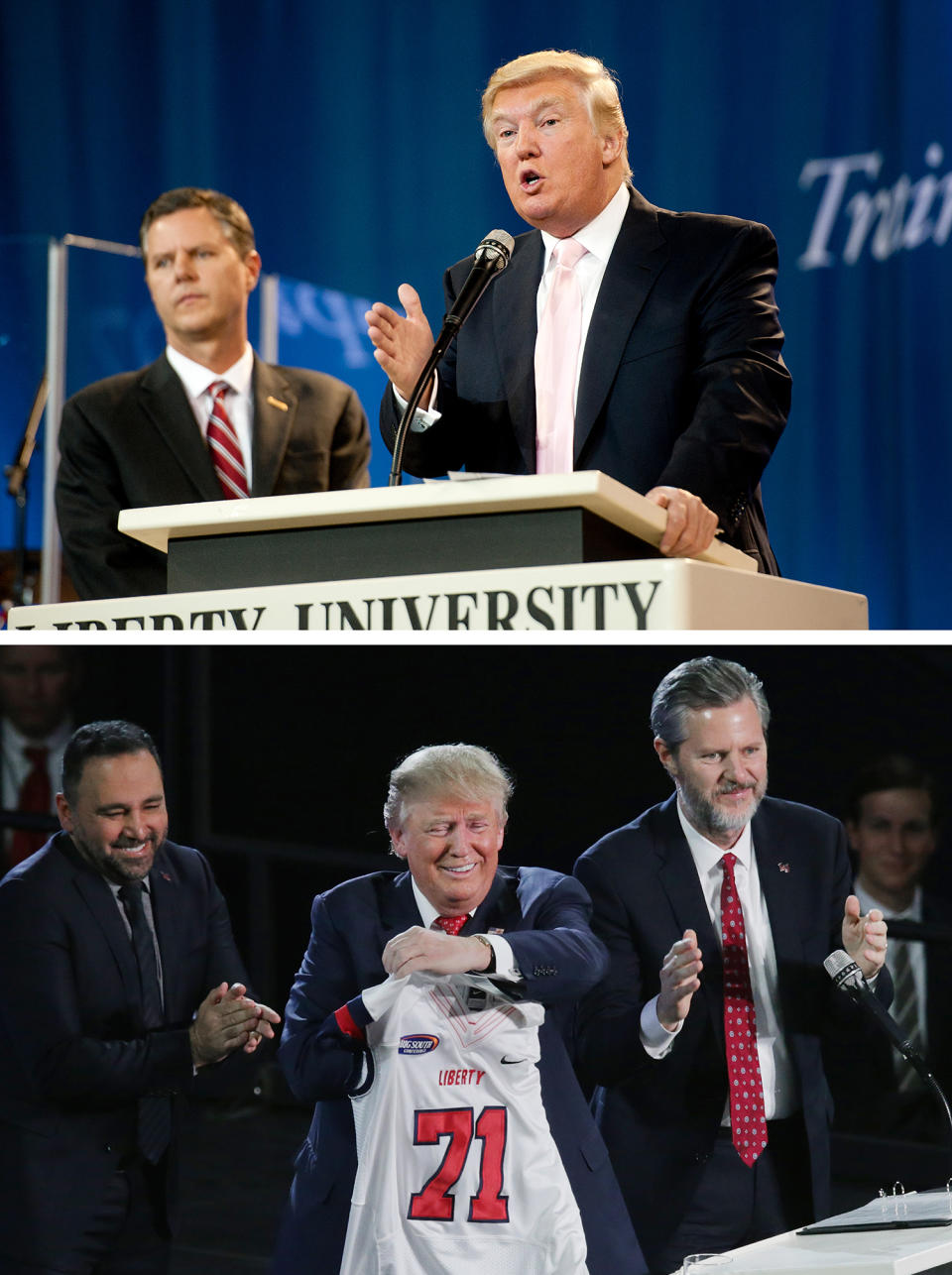 Top: Standing near Jerry Falwell Jr., Donald Trump speaks at Liberty University on Sept. 24, 2012. Bottom: Falwell, right, presents Trump with a Liberty jersey after Trump delivered a convocation address on January 18, 2016. Days later, Falwell endorsed Trump’s presidential campaign.