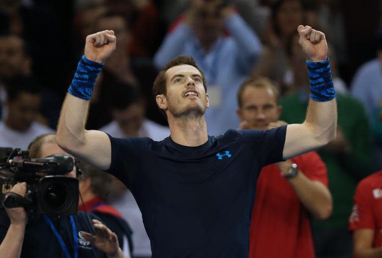 Andy Murray celebrates his victory over John Isner in his Davis Cup singles match at the Emirates Arena in Glasgow, Scotland on March 8, 2015