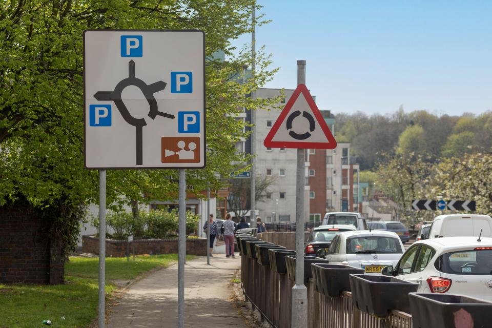 Newcastle-under-Lyme ,Staffordshire-united kingdom April, 14, 2022 traffic and road signs in Newcastle town centre