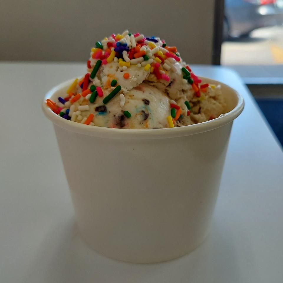 Heyn's Premium Ice Cream's signature flavor, the Monster Mash topped with sprinkles.