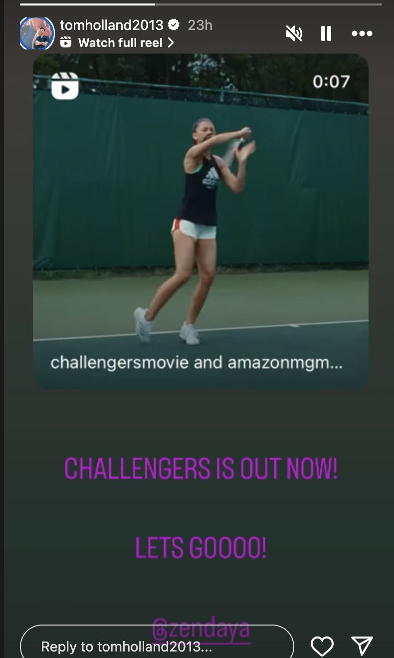 Person playing tennis on a promotional social media post for "Challengers" movie. Text: "Challengersmovie and amazongm... CHALLENGERS IS OUT NOW! LETS GOOO!"