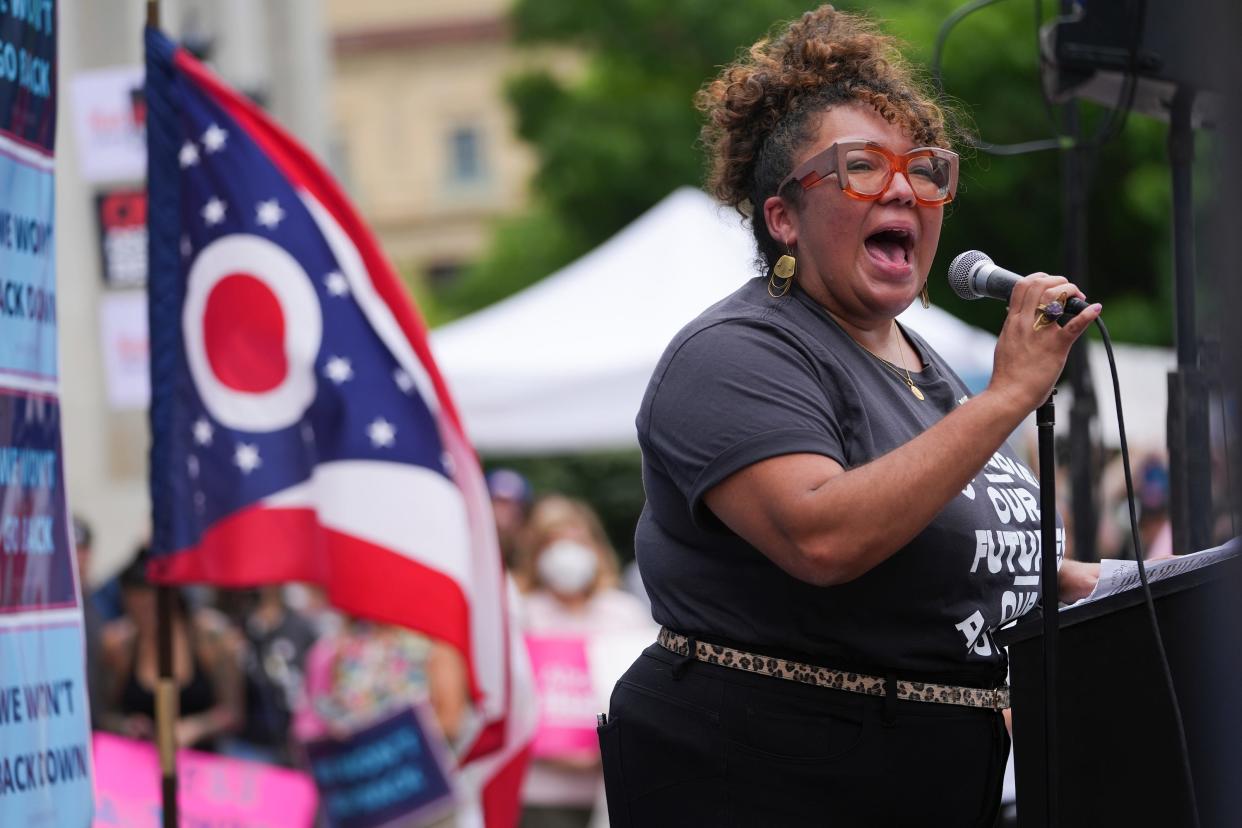 Kersha Deibel, CEO of Planned Parenthood Southwest Ohio Region, speaks during a rally organized by the Democratic Party at the Ohio Statehouse following the overturning of Roe v. Wade. She and other people in the LGBTQ community are worried that the aftermath of the ruling will affect their healthcare and rights at a time where state legislators already are passing a host of anti-LGBTQ laws.