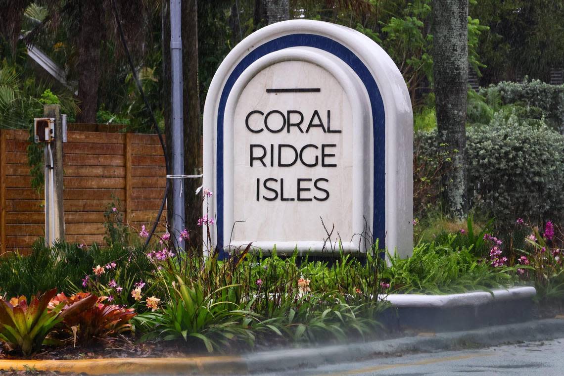 A detailed view of the neighborhood entrance sign at Coral Ridge Isles in Fort Lauderdale, Florida, on Friday, March 22, 2024.