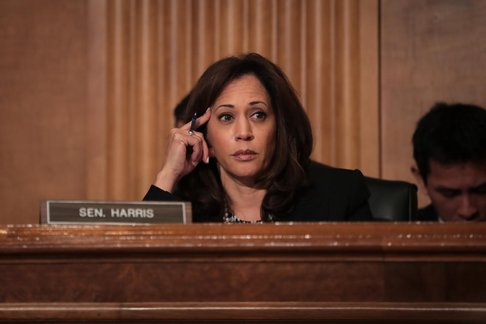 WASHINGTON, DC - SEPTEMBER 27: Sen. Kamala Harris (D-CA) listens during a Senate Committee on Homeland Security and Governmental Affairs hearing concerning threats to the homeland, September 27, 2017 in Washington, DC.  The committee and witnesses discussed both the threat from global terrorism as well as domestic terrorism. (Photo by Drew Angerer/Getty Images)