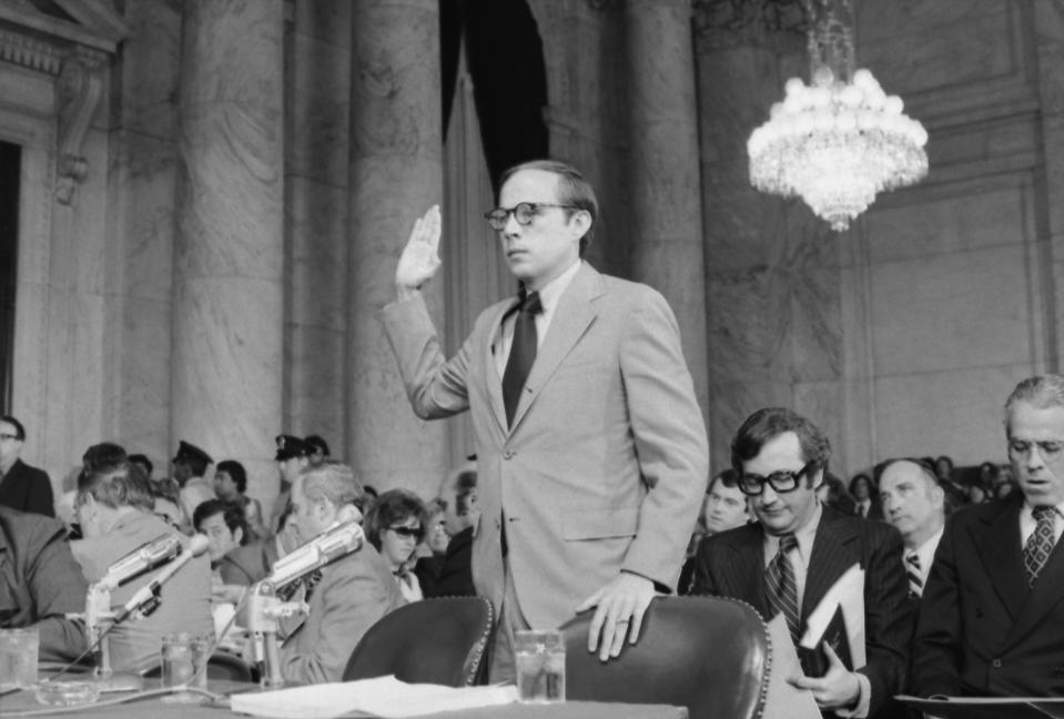 John W. Dean III is sworn in before testifying for the second day before the Senate Watergate Committee in Washington, D.C., on June 6, 1973. (Photo: Bettmann Archive via Getty Images)