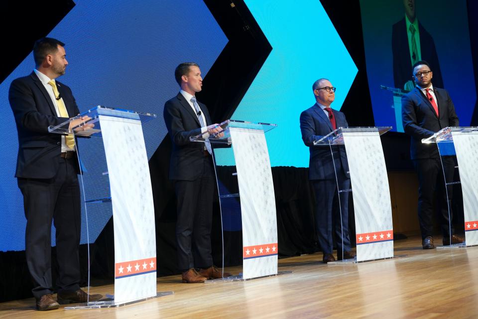 From left, Nathan Dahm, Luke Holland, Scott Pruitt and T.W. Shannon are pictured Wednesday during a debate between the Republicans running for the seat to be vacated by Sen. Jim Inhofe. The event was at the National Cowboy & Western Heritage Museum in Oklahoma City.