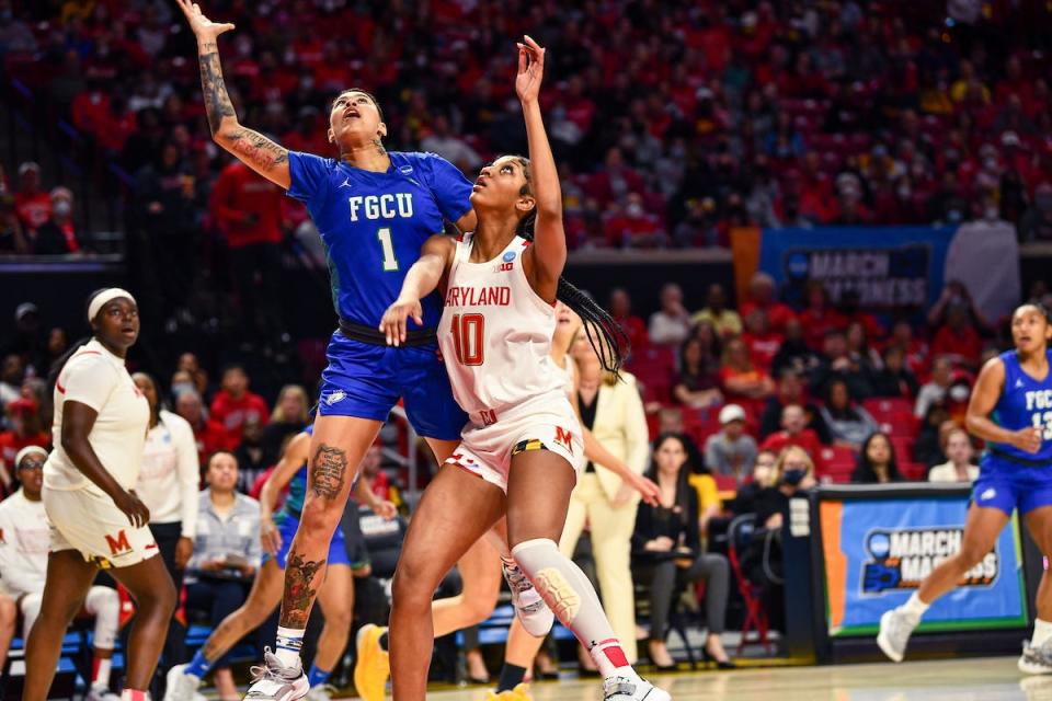 FGCU's Kierstan Bell battles Maryland's Angel Reese in the second round of the NCAA Tournament on Sunday, March 20, 2017. Maryland defeated FGCU 89-65.