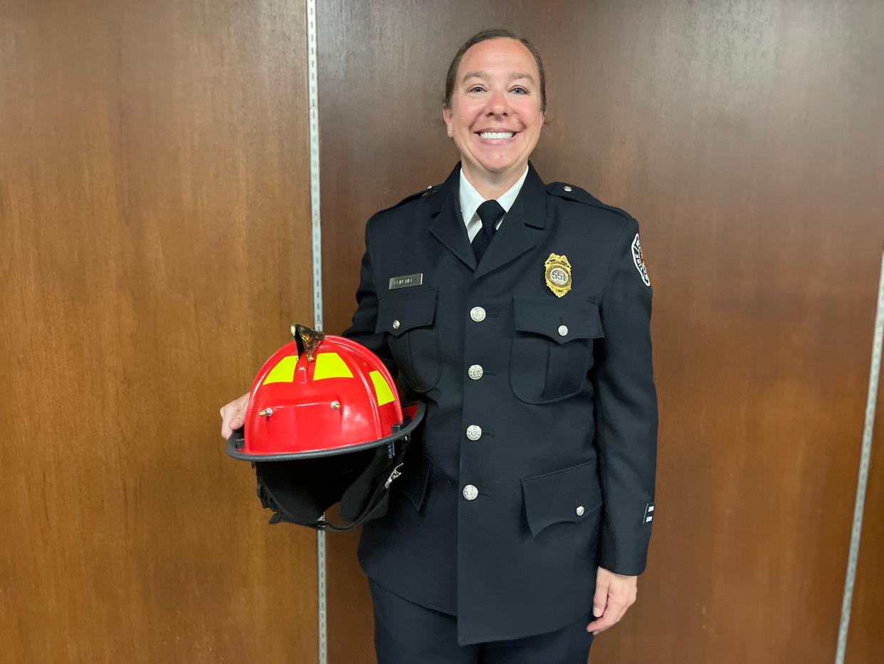 Newly appointed Capt. Erin Tibbs becomes the first female captain in the South Bend Fire Department on April 17, 2024.