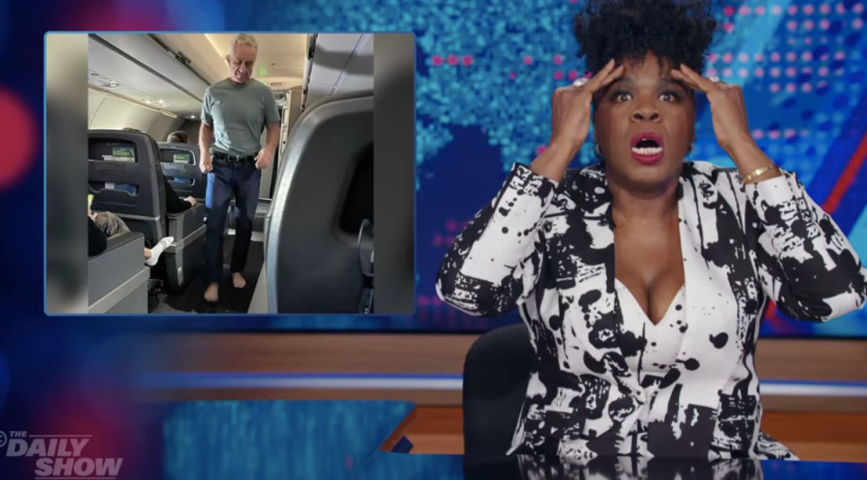 The Daily Show guest host Leslie Jones ‘lost her s***’ as she reacted to a viral video of Robert F Kennedy Jr walking barefoot on a plane (The Daily Show)