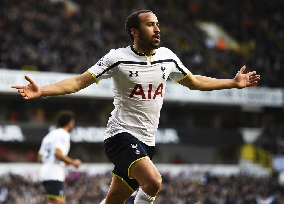 Tottenham Hotspur's Andros Townsend celebrates after scoring a penalty against Leicester City during their FA Cup fourth round soccer match at White Hart Lane in London, January 24, 2015. REUTERS/Dylan Martinez (BRITAIN - Tags: SPORT SOCCER)