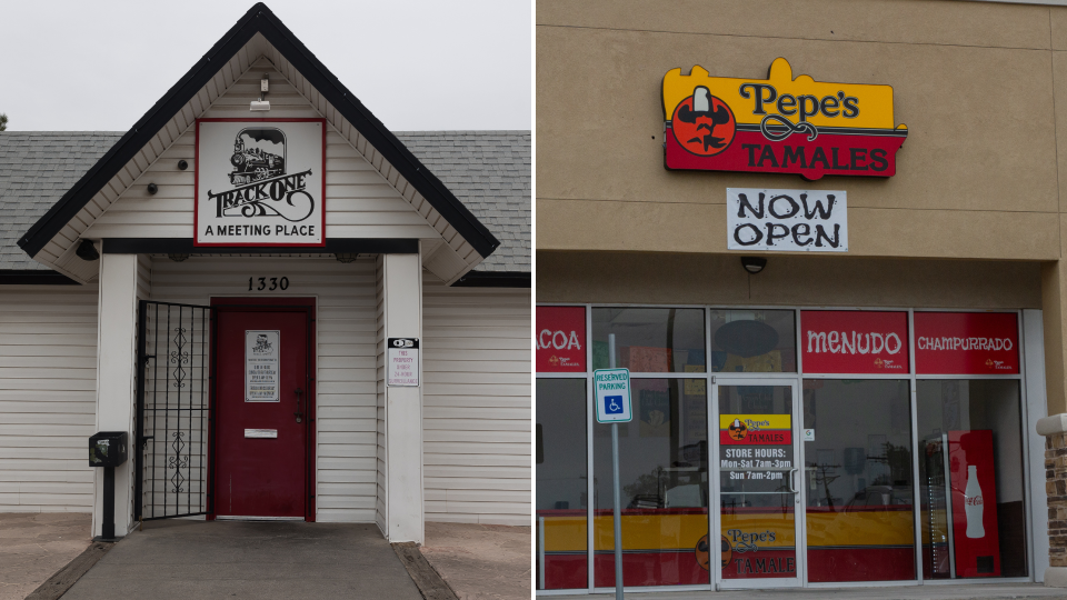 Track One located at 1330 Buffalo Soldier Road (left) and Pepe's Tamales located at 4024 Mesa St. (right)