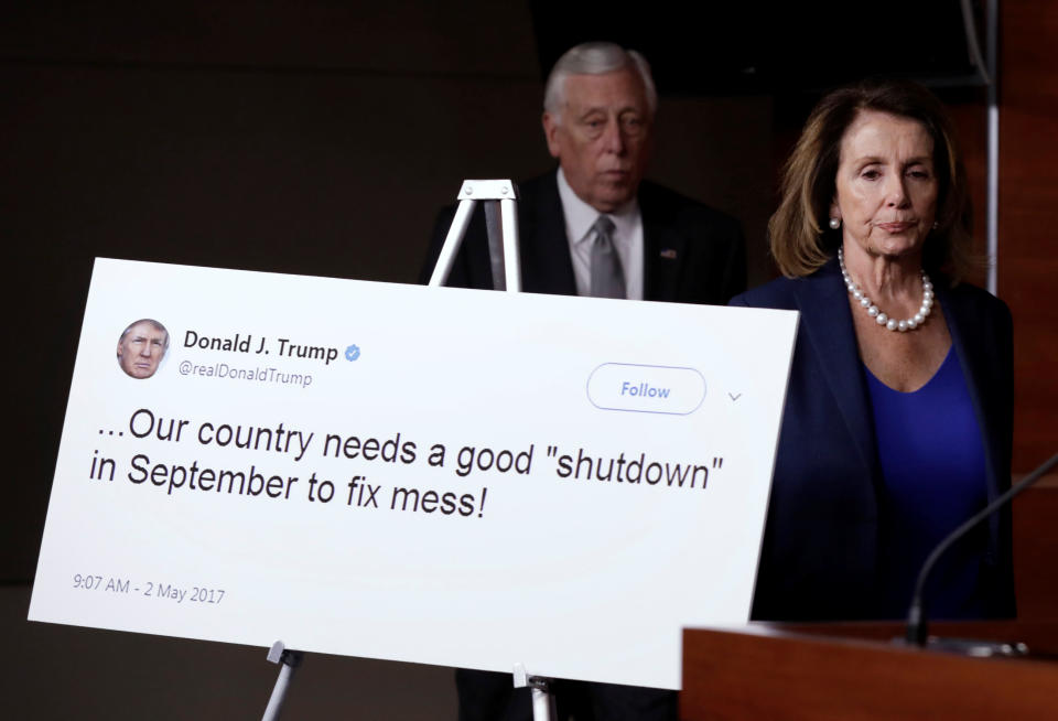 <p>House Minority Leader Nancy Pelosi and Rep. Steny Hoyer arrive at a news conference with Democratic leaders on opposition to government shutdown on Capitol Hill in Washington, Jan. 19, 2018. (Photo: Yuri Gripas/Reuters) </p>