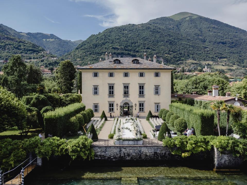 Giorgia Gabriele Wore a Custom Off-White Wedding Dress With a 26-Foot Train to Her Ceremony on Lake Como