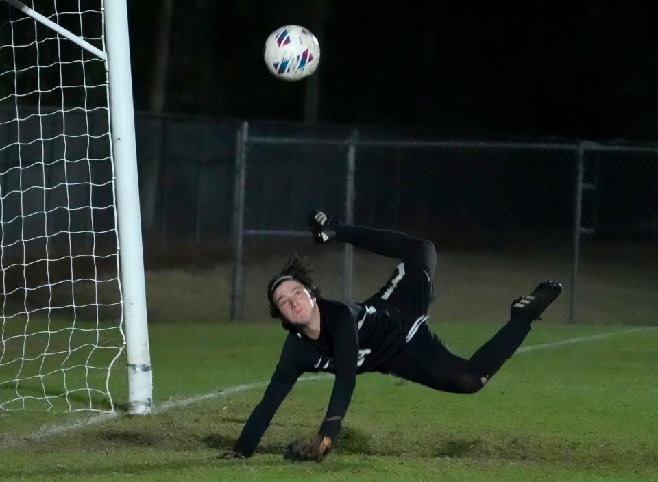 Flagler Palm Coast goalie Teagan Paulo makes a save during a match with Spruce Creek at Ormond Sports Complex, Tuesday, Jan. 16, 2024.