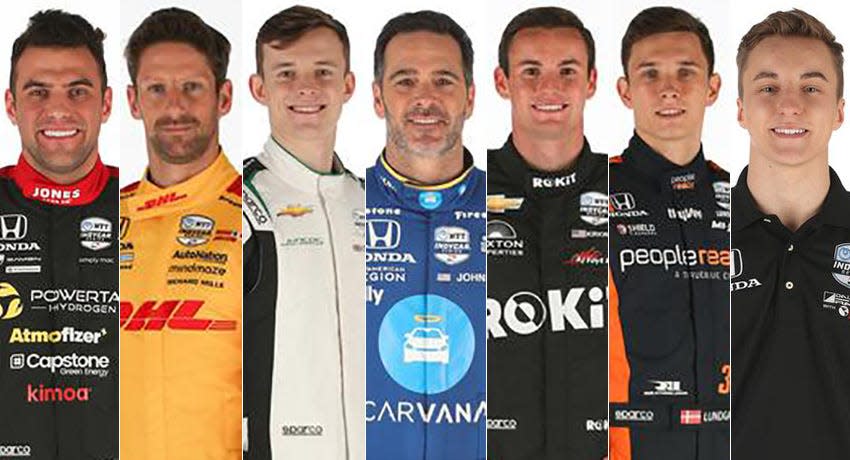 2022 Indianapolis 500 rookies (from left): Devlin DeFrancesco, Romain Grosjean, Callum Ilott, Jimmie Johnson, Kyle Kirkwood, Christian Lundgaard and David Malukas