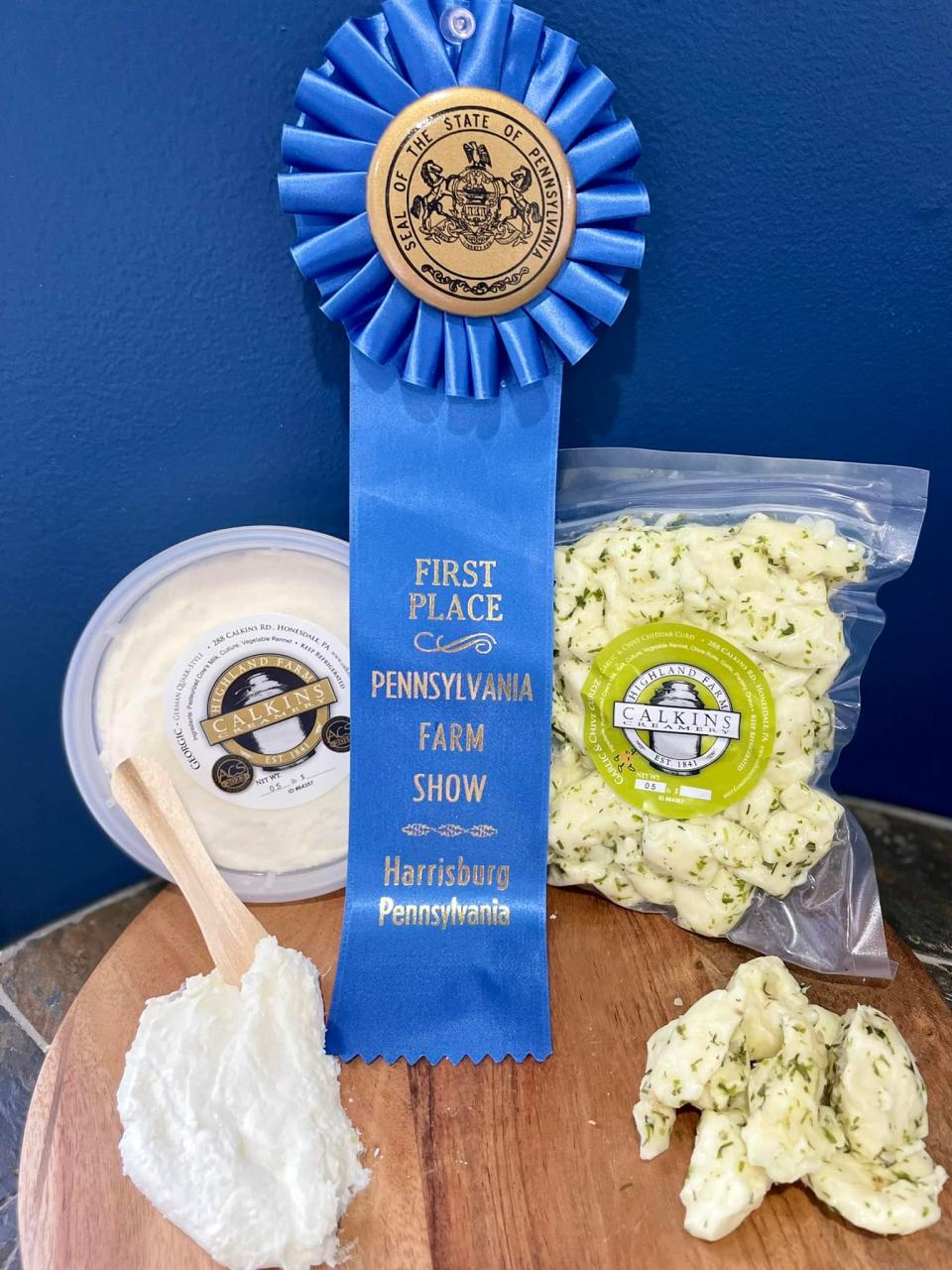 This first place ribbon for Calkins Creamery was earned at the 2023 PA Farm Show.