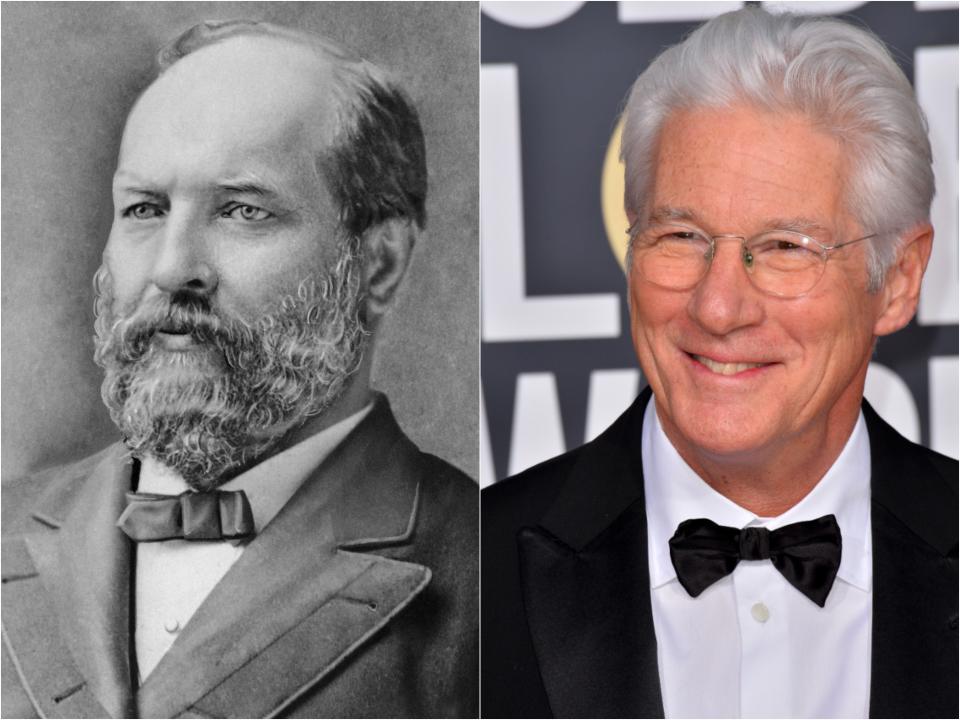 Black and white portrait of Garfield looking to the side in a suit and bowtie next to Gere smiling and looking to the side in a suit and bowtie.