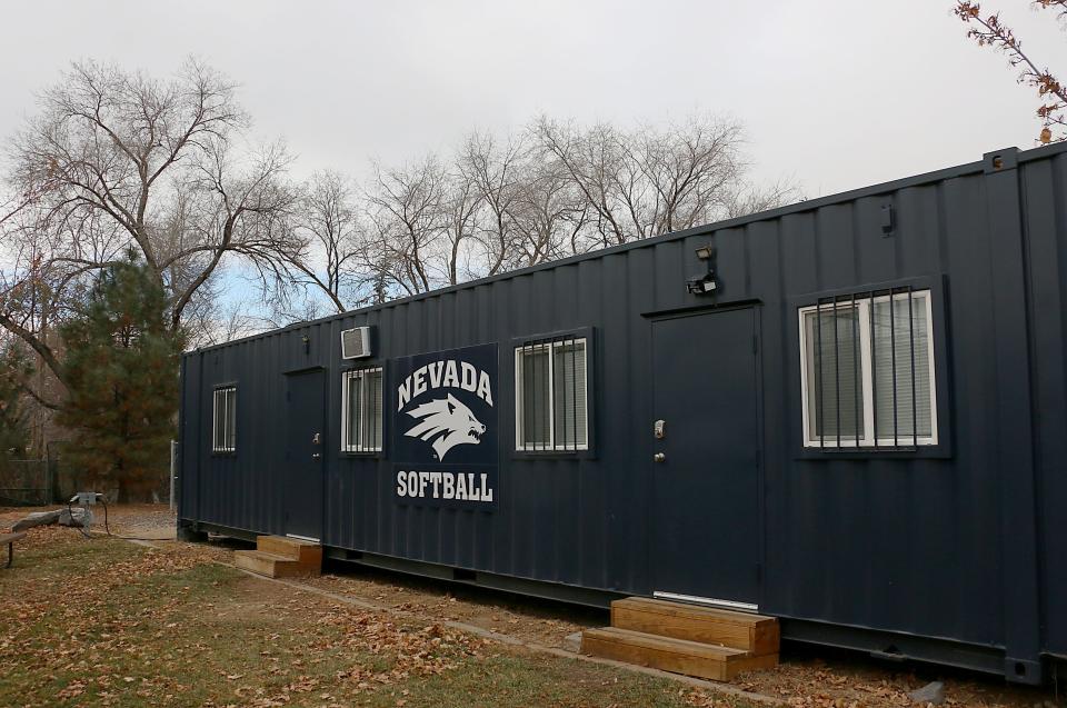 The converted shipping container that serves as the softball team's locker room at University of Nevada, Reno.
