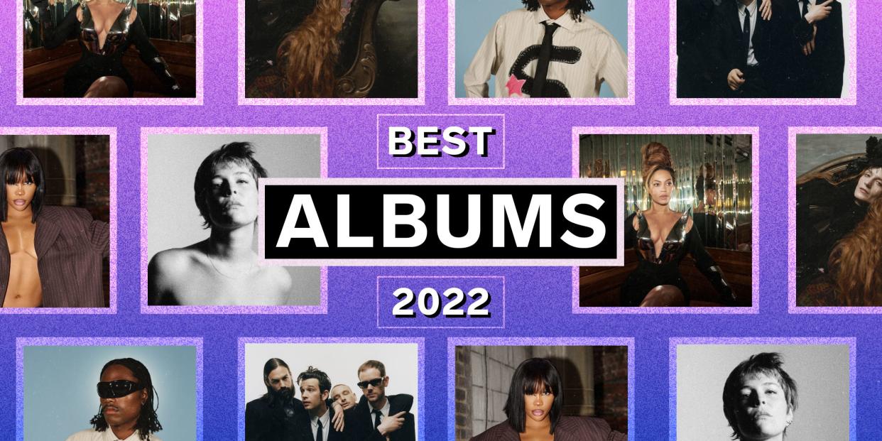 text reads Best Albums of 2022 on a purple background with square images of Maggie Rogers, Beyonce, Florence and the Machine, Lizzy McAlpine, Steve Lacy, SZA, and the 1975