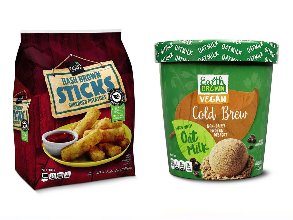 Aldi pictures of hash brown sticks and oat milk cold brew ice cream in original packaging