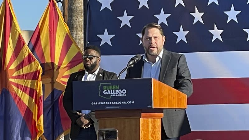 Democrat Ruben Gallego speaks to supporters at one of the first events of his 2024 Senate campaign in Phoenix on Saturday, Jan. 28, 2023. Gallego is running for independent Sen. Kyrsten Sinema’s seat in what could be a three-way race for one of the top Senate races of 2024.