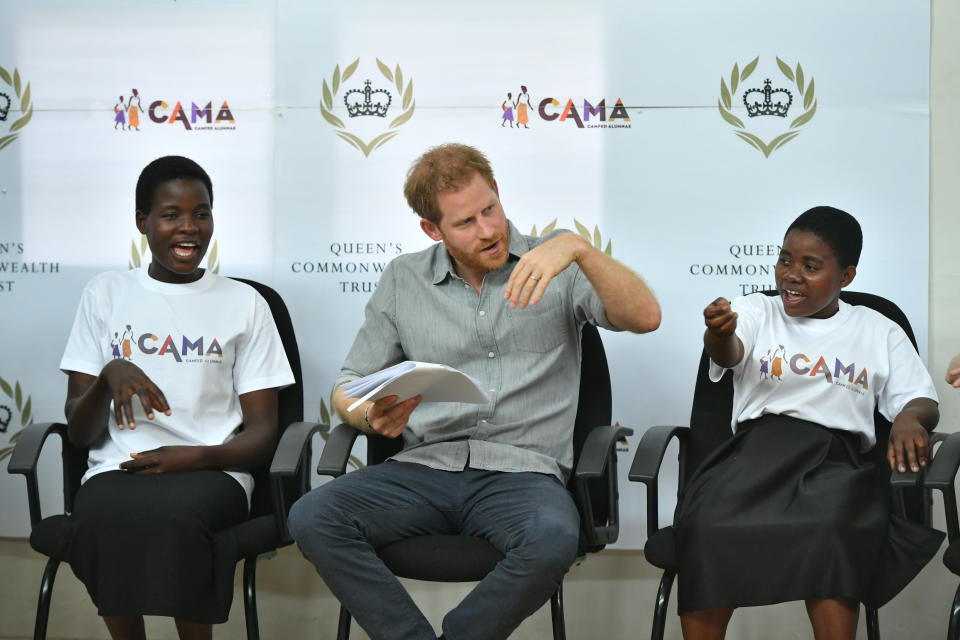 The Duke of Sussex sings with the CAMA choir during a visit to the Nalikule College of Education in Lilongwe, Malawi, to see the work of the CAMA network supporting young women in Malawi.