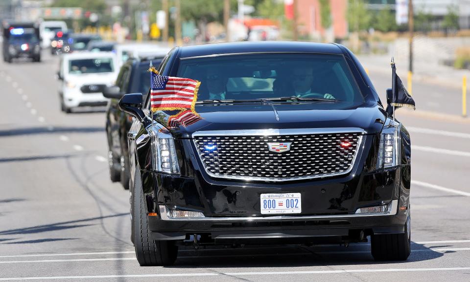 A motorcade escorts President Joe Biden to the George E. Wahlen Department of Veterans Affairs Medical Center, where he will deliver remarks, in Salt Lake City on Thursday, Aug. 10, 2023. | Kristin Murphy, Deseret News