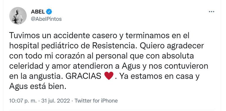 Abel Pintos relató que sufrió un accidente doméstico junto a su hijo Agustín, de casi dos años.