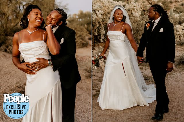 <p>Shelby Satnam</p> Simone Manuel and Denzel Franklin at their wedding on November 4, 2022, at First Water TrailHead in Maricopa County, Arizona