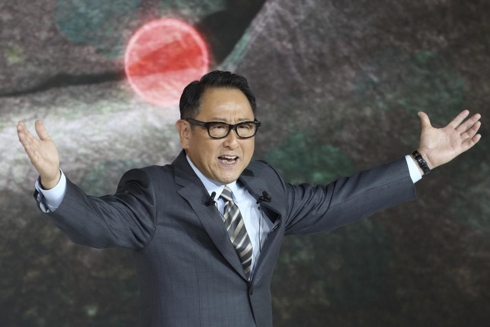 Toyota Motor Corp. President Akio Toyoda gestures during Toyota's presentation of the media preview of the Tokyo Motor Show in Tokyo Wednesday, Oct. 23, 2019. (AP Photo/Koji Sasahara)